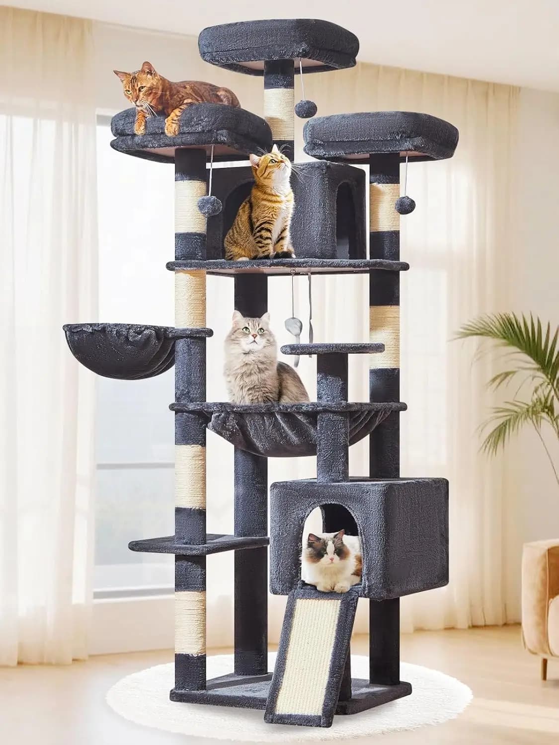 Albero per Gatti XXL da Interno, 76 Pollici, in Legno e Sisal, Grigio Fumo, con Amaca Extra-Large in Metallo