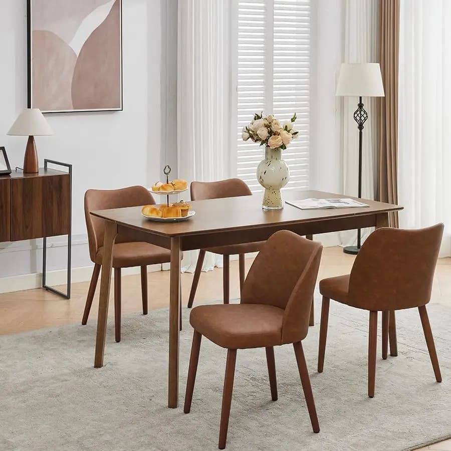 Set di 4 sedie, sedie da pranzo imbottite in pelle con gambe in legno, schienale a orecchioni, sedie da cucina in legno, sedie da cucina con seduta spessa