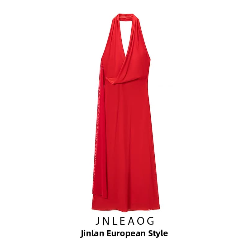 JNLEAOG Summer New Red Fashionable Deep V Neck Hanging Neck Dress Women's Polyester Fiber A-Line Skirt Style Sleeveless Slim Fit