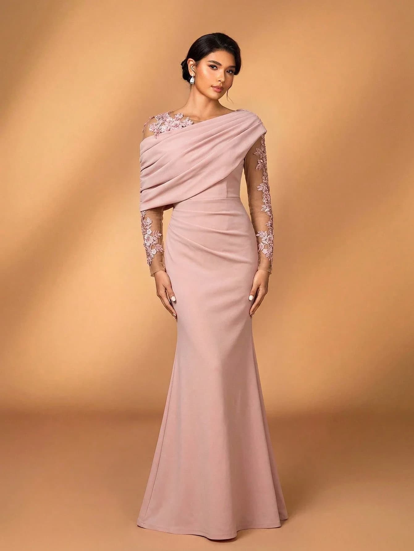 Fishtail Evening Dress With Asymmetrical Draped Neckline, Sheer Lace-Embroidered Sleeves, Elastic Knit Fit