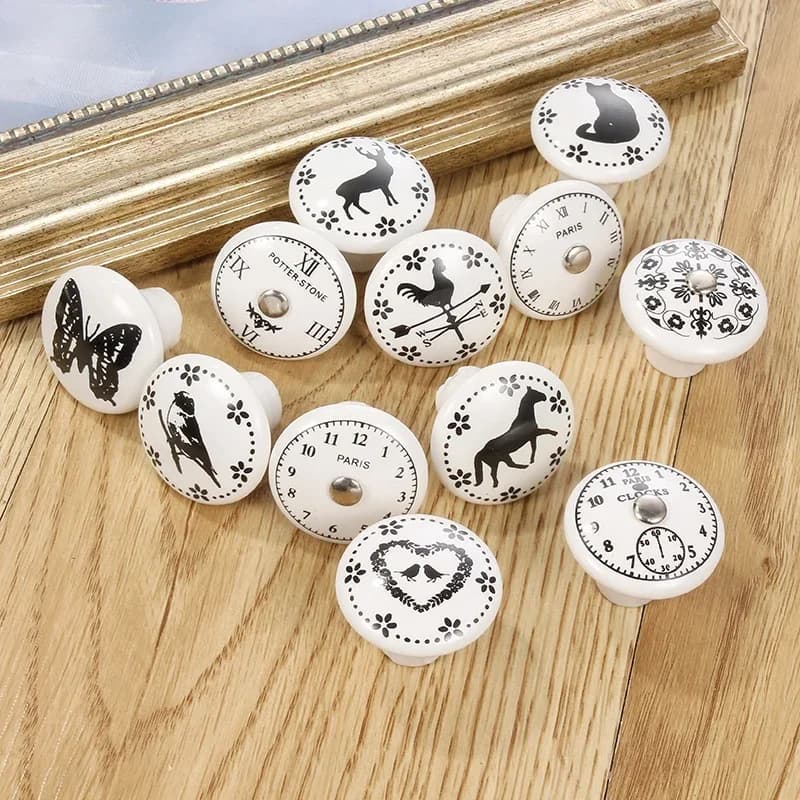 Manopole e maniglie per porte in ceramica con stampa bianca Manopole per cassetti per mobili Maniglie per porte dell'armadio Maniglie per mobili a foro singolo con viti