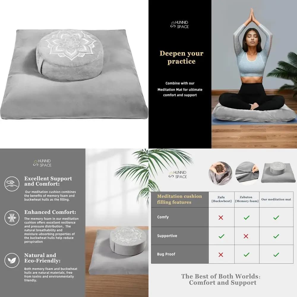 Set di cuscini Zafu con scafo di grano saraceno e memory foam - Supporto ergonomico per yoga per meditazione e seduta - Fodera lavabile rimovibile