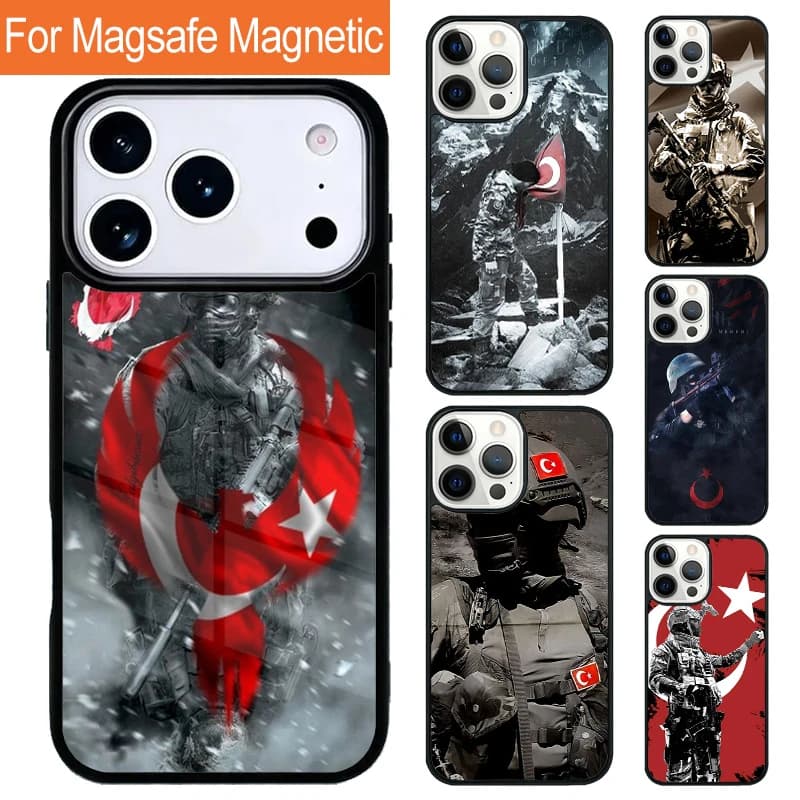 Custodia Magnetica Wireless per iPhone con Bandiera Turca e Soldato, Compatibile con MagSafe per iPhone 17 Pro, 16, 15, 13, 12, 11 Pro Max, Air 14 Plus