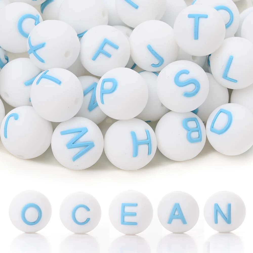 15mm 10 pezzi perline alfabeto in silicone lettera blu perline da masticare in silicone per ciuccio fatto a mano clip catena chiusura giocattoli non scegliere