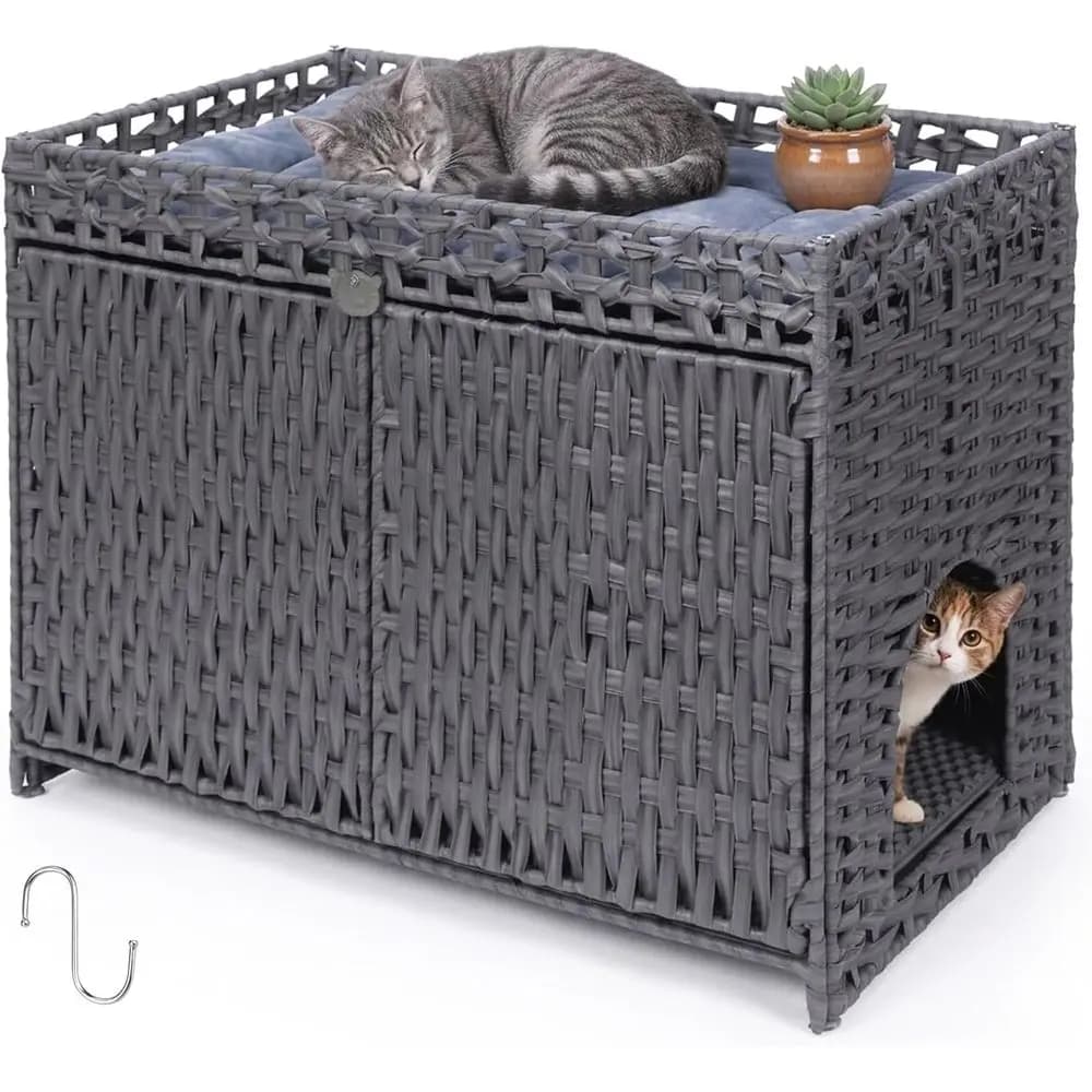 Grey Rattan Cat Litter Enclosure with Removable Mats, Spacious and Stylish Indoor Cabinet