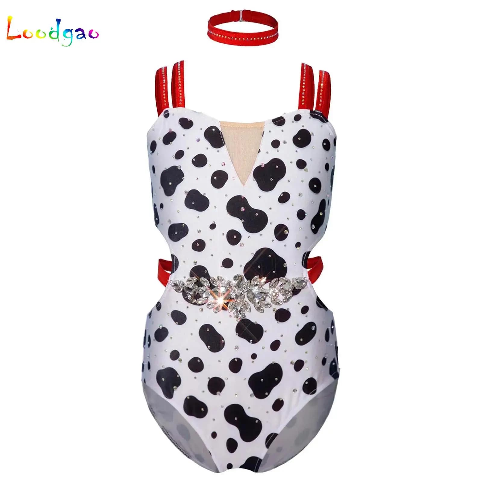 Girls Halloween Dalmatian Cosplay Costume Black Spotted Sleeveless Ballet Leotard+Necklace Princess Dress Up Movie Character Set
