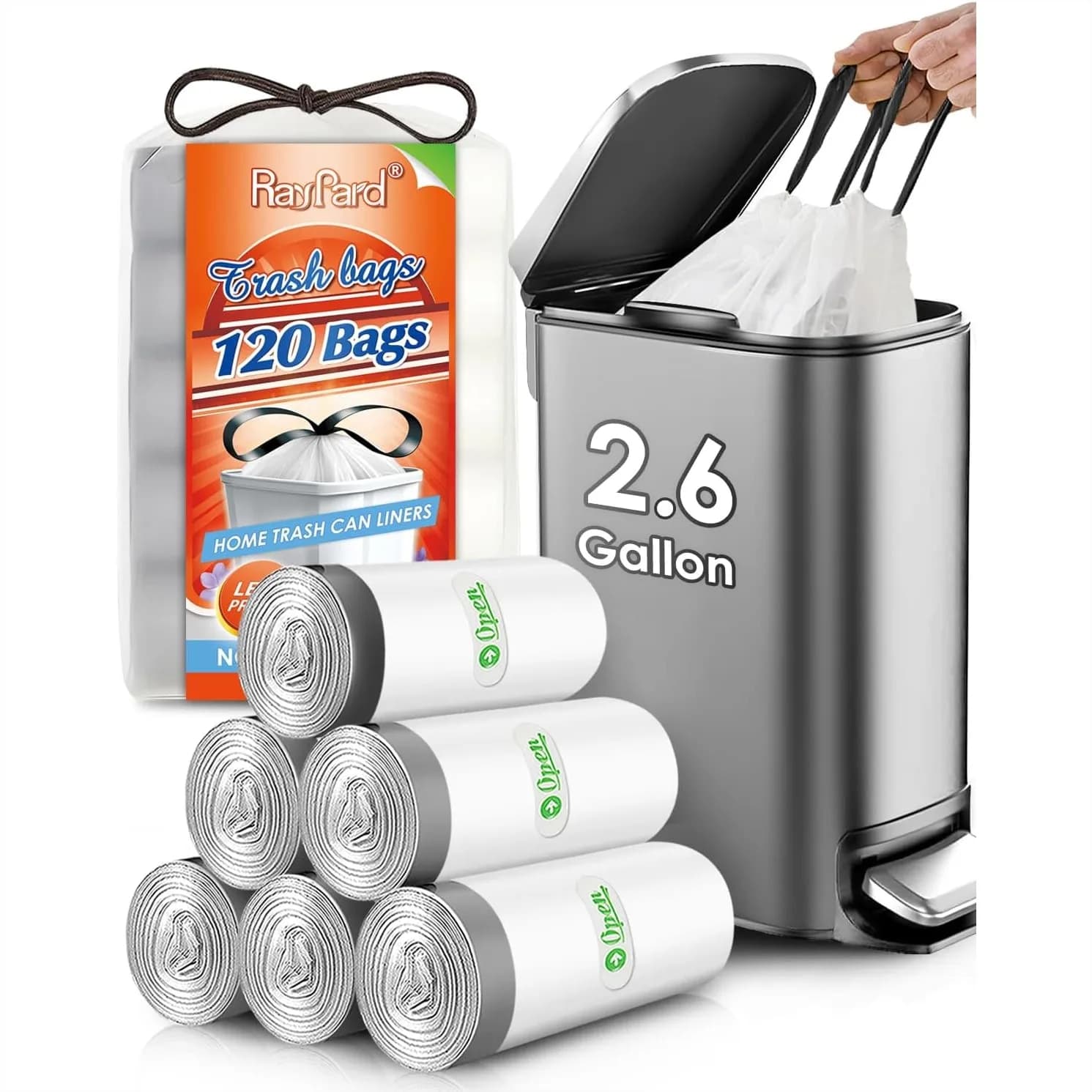 120 Sacchetti per Rifiuti con Cordoncino da 2,6 Galloni per Casa, Ufficio, Cucina, Bagno, Camera da Letto, Sacchetti Bianchi per Cestino dei Rifiuti