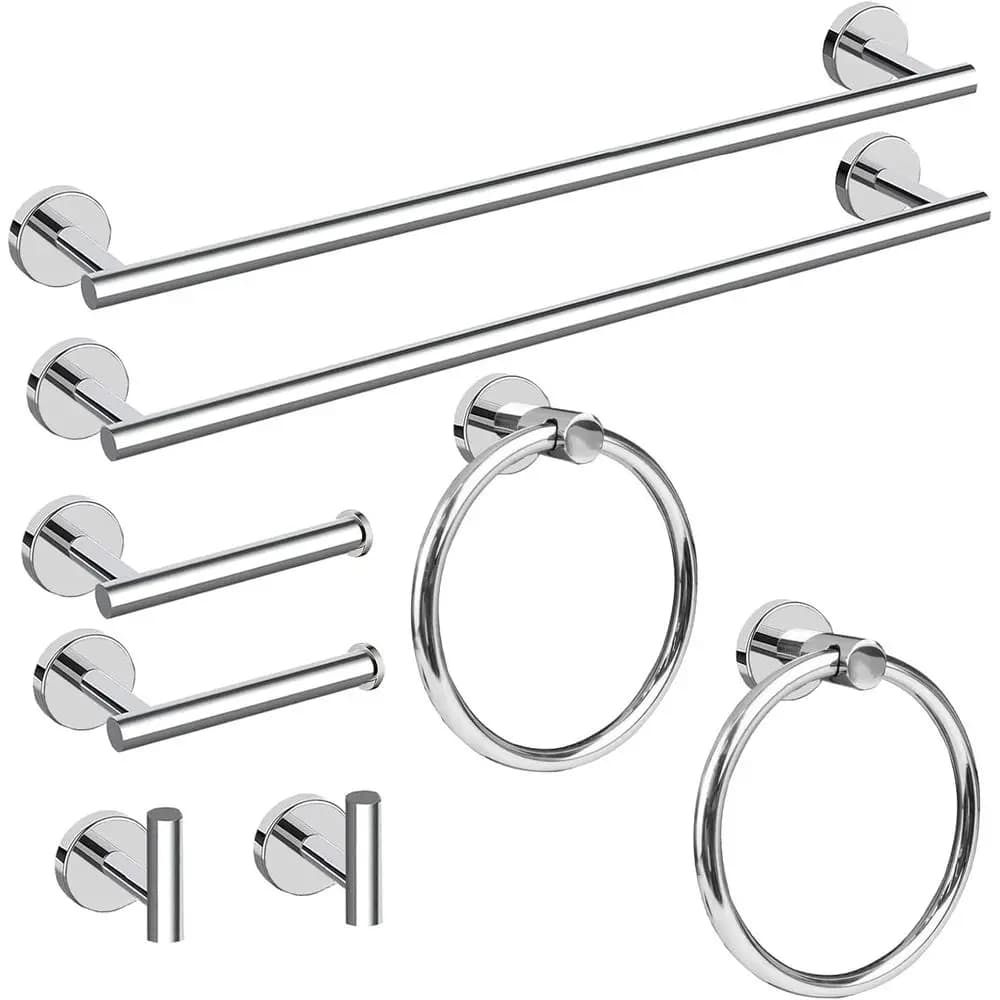 Set di accessori per il bagno in cromo lucido da 8 pezzi, portasciugamani da 24 pollici, anello portasciugamani, porta carta igienica, gancio per accappatoio, acciaio inossidabile SUS304