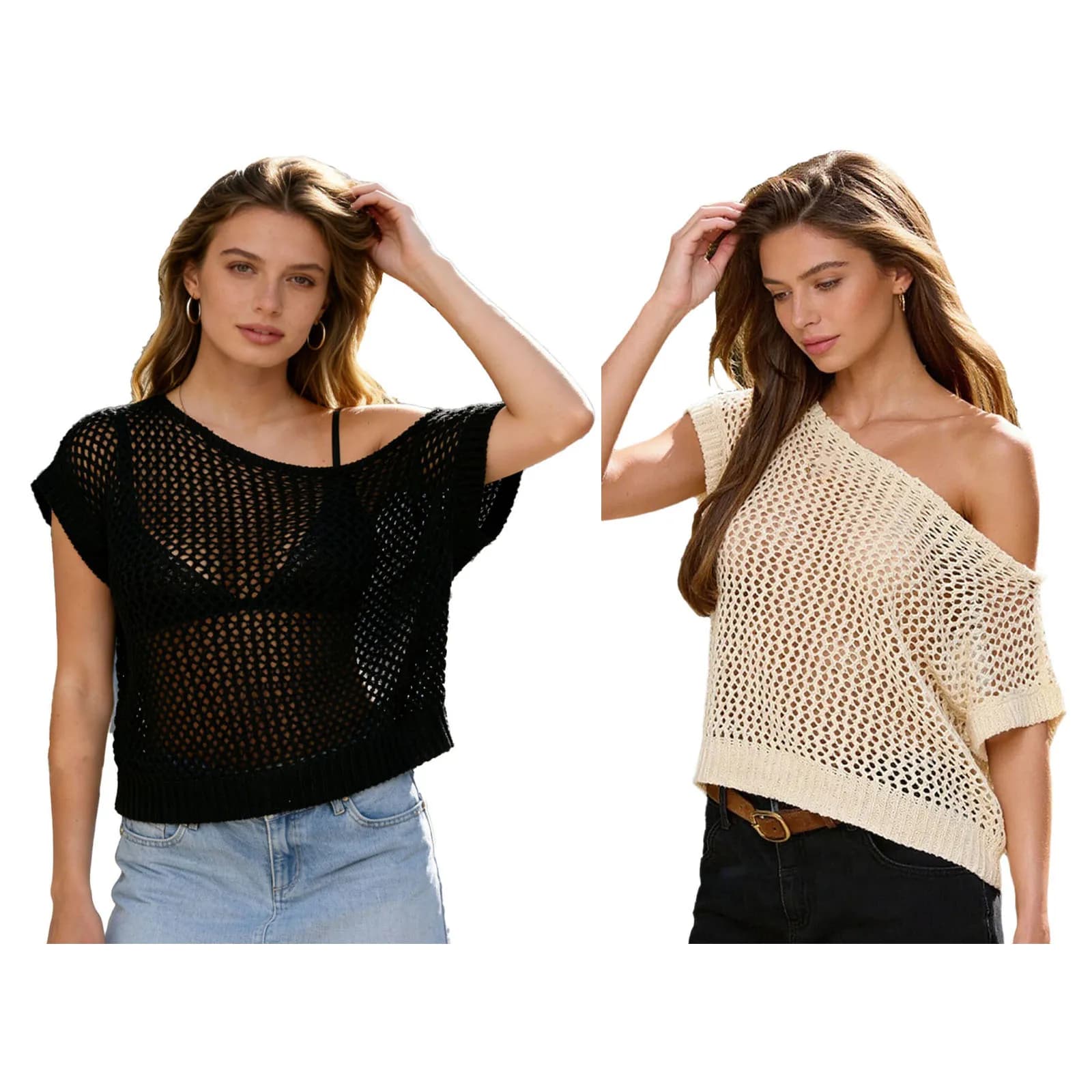 Maglioni Estivi Sexy da Donna 2026 con Spalle Scoperte, Maniche Corte, Lavorazione a Maglia Traforata, Pullover Larghi