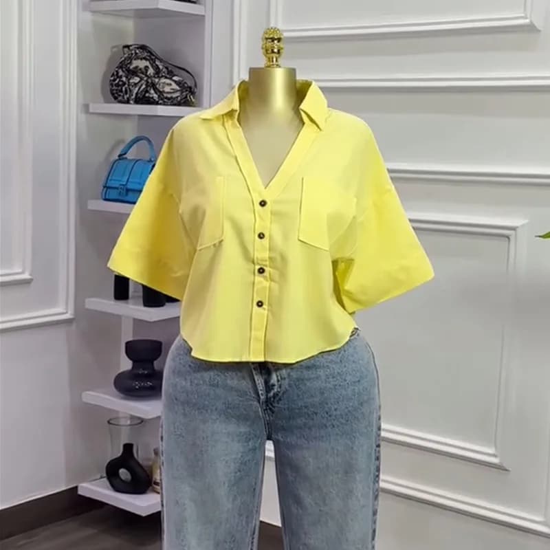 Camicette a Mezza Manica, Camicie Eleganti con Bottoni, Abbigliamento da Lavoro, Streetwear Y2k, Camicia Casual Estiva da Ufficio, Top Corti Basici