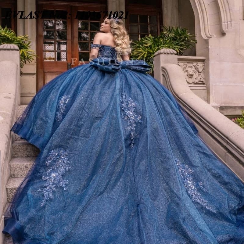 EVLAST Abito da ballo Qinceanera blu navy messicano personalizzato con applicazioni floreali e perline, fiocco, per Sweet 16 Vestidos 15 Anos E2QA311