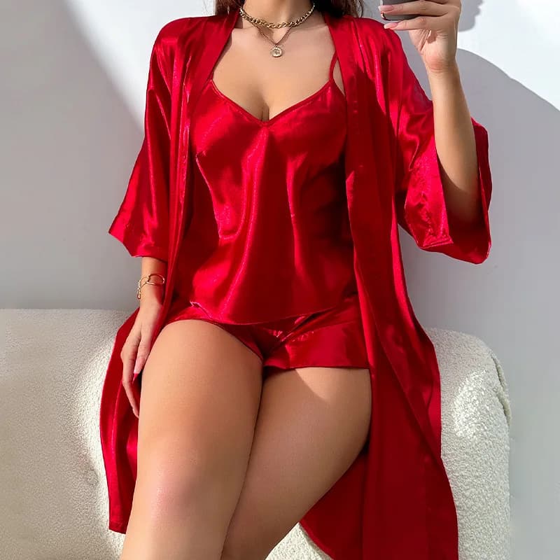 3 pieces women's pyjamas sexy shorts with sling with woman's dress in ice silk satin pure women's nightwear robe bridesmaid dress