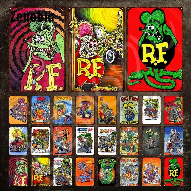 Rat Fink Comic Poster in metallo Targa in metallo per cartoni animati Targa vintage Targa in metallo divertente Adesivi murali con pittura in ferro per l'arredamento della camera