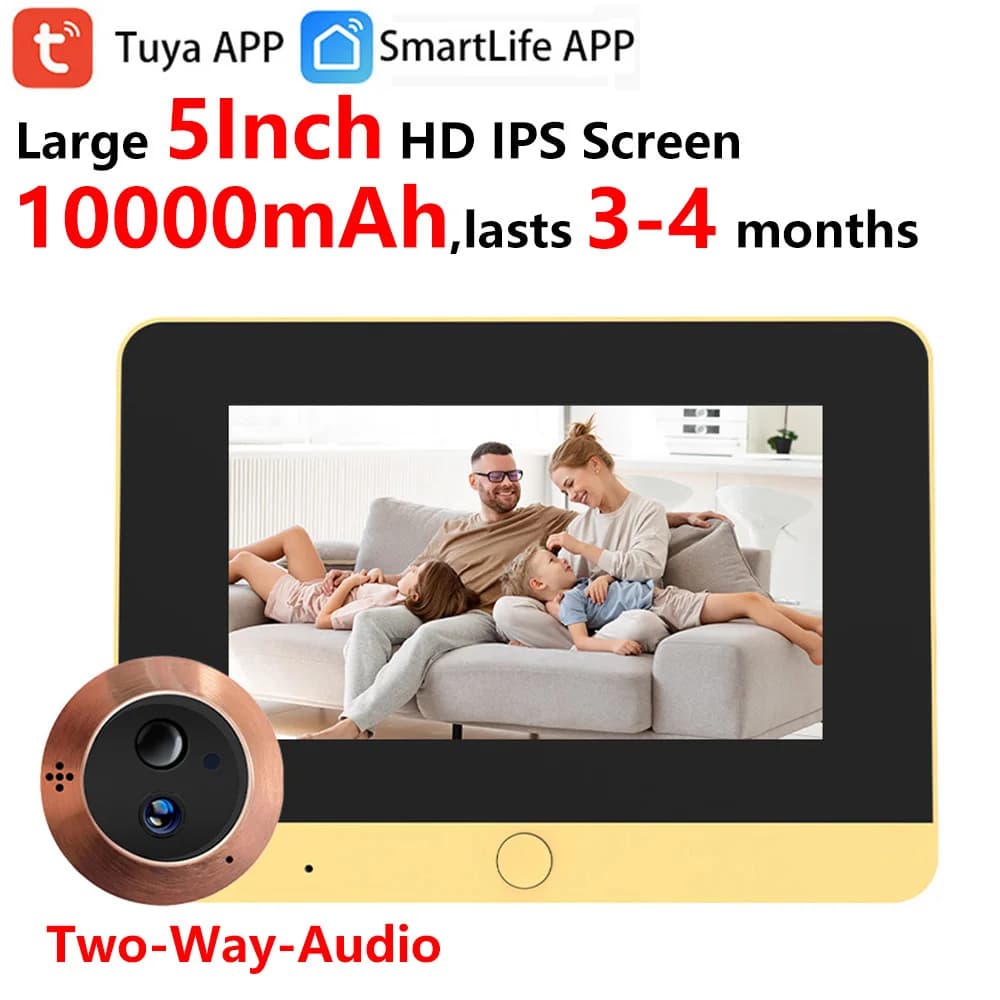 5Inch 10000mAh Two Way Audio 2MP Tuya SmartLife WiFi Door Eye Peephole Viewer Infrared 940NM Night Vision PIR Cat Eye FHD Camera