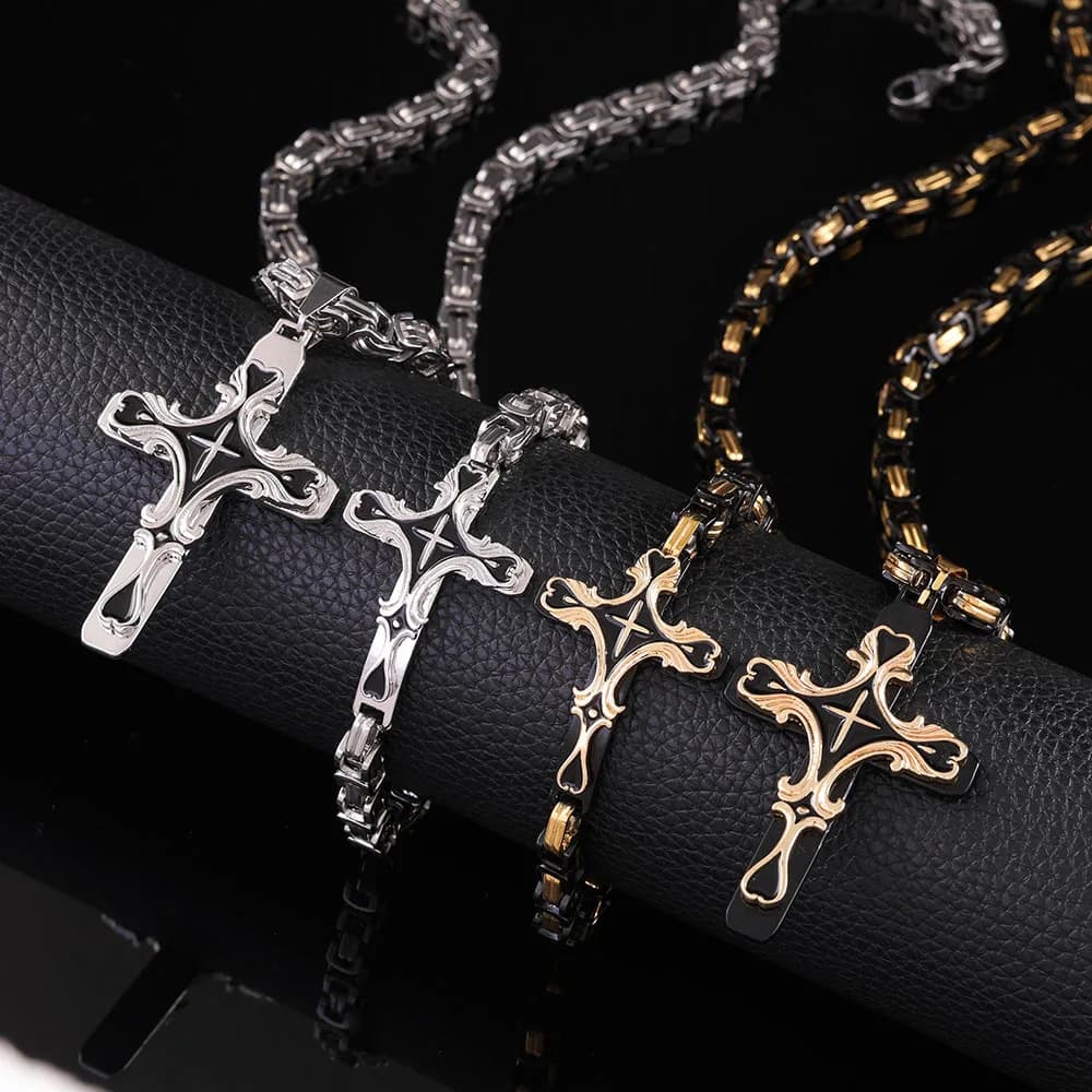 Collana con croce in acciaio inossidabile da 2 pezzi per uomo, catena con ciondolo a croce vichinga vintage con collegamento bizantino, gioielli hip hop alla moda