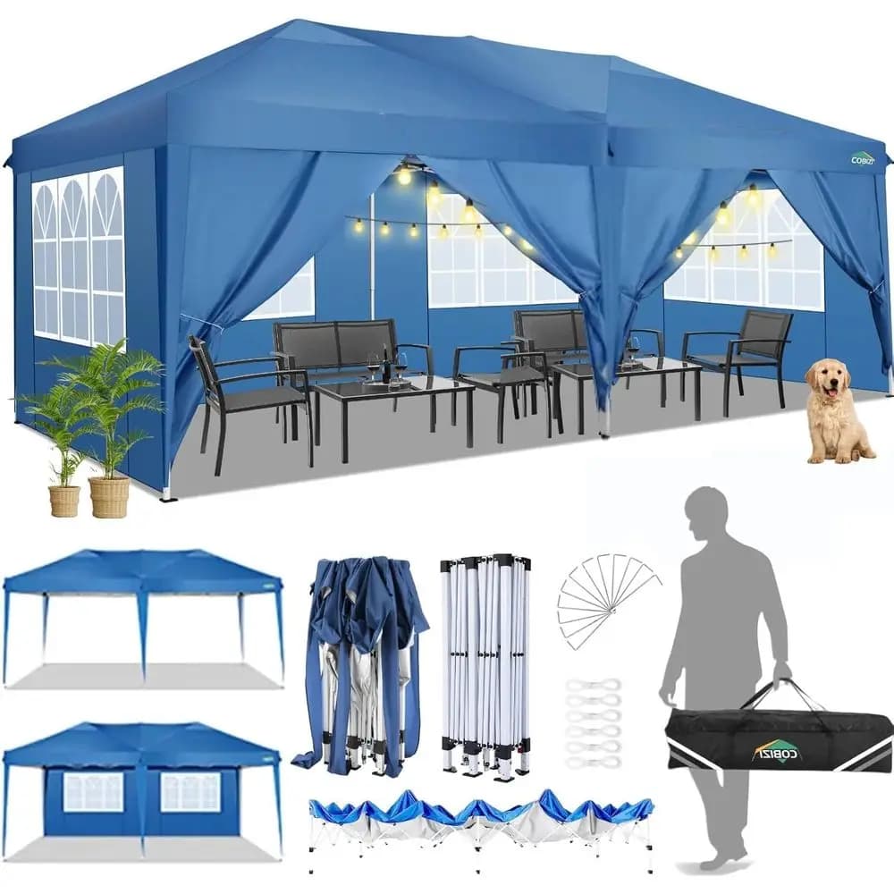 Gazebo Impermeabile 10x20 con 6 Pareti Laterali, Ideale per Eventi, Feste, Spiaggia, Campeggio e Matrimoni, Facile da Montare, Blu