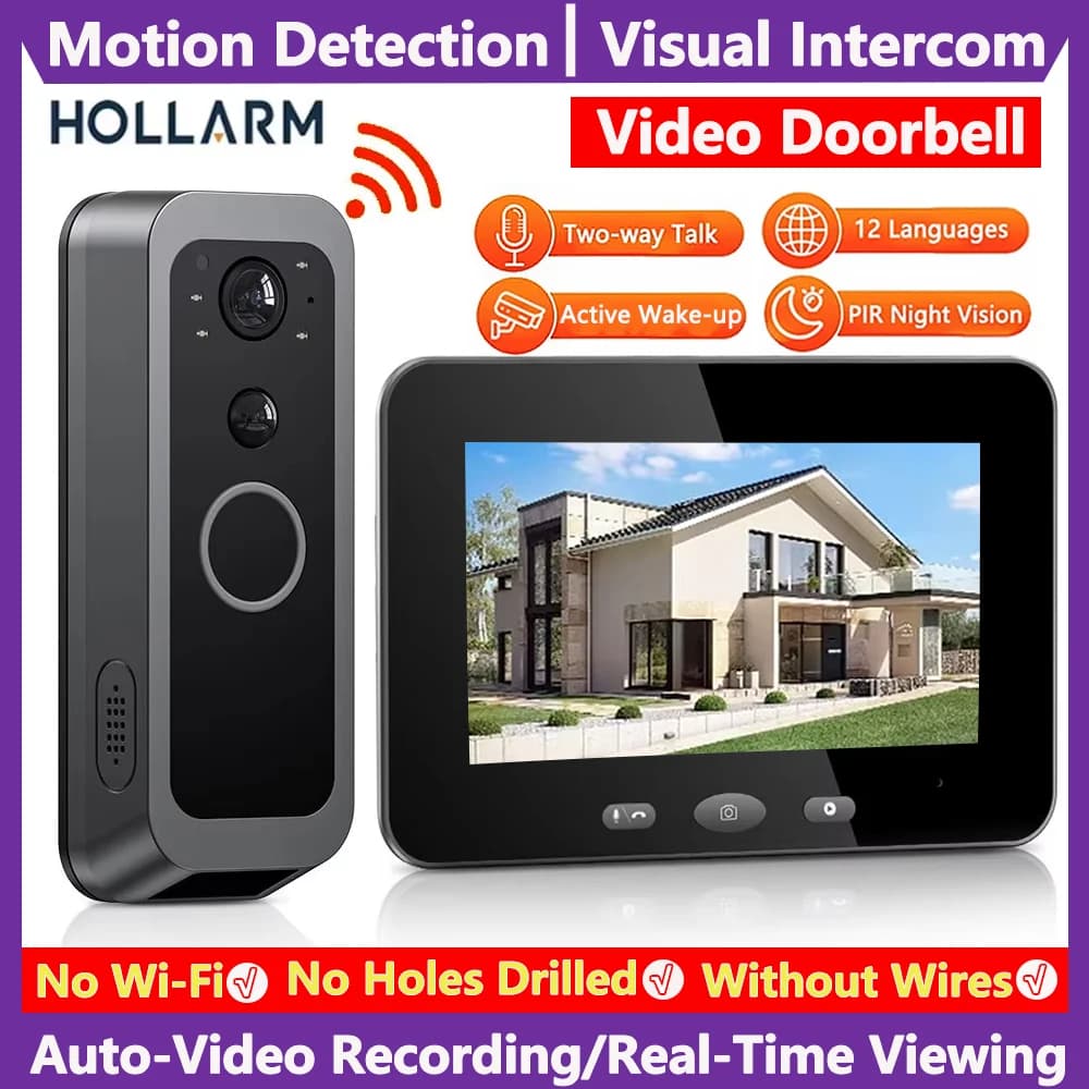 Hollarm Smart Citofono bidirezionale Campanello Video Door Viewer Registrazione automatica Nessun richiesta di rete Telecamera per porta impermeabile Nessun APP/WiFi