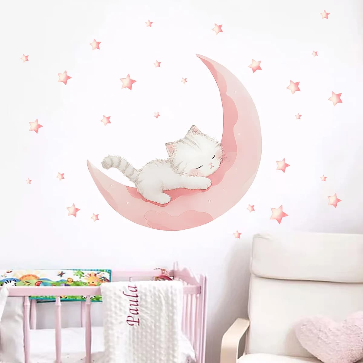 Adesivi Murali a Forma di Luna Rosa e Gattino Cartoon, Decorazioni per Cameretta, Accessori per Casa, Soggiorno e Camera da Letto, Regali per Bambini