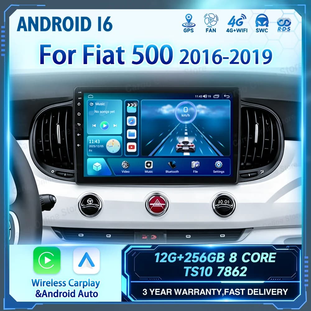 Android Per Fiat 500 2016-2019 Auto Unità di Testa Lettore Video Multimediale Navigazione GPS Radio Stereo Senza Fili Carplay Bluetooth WIFI