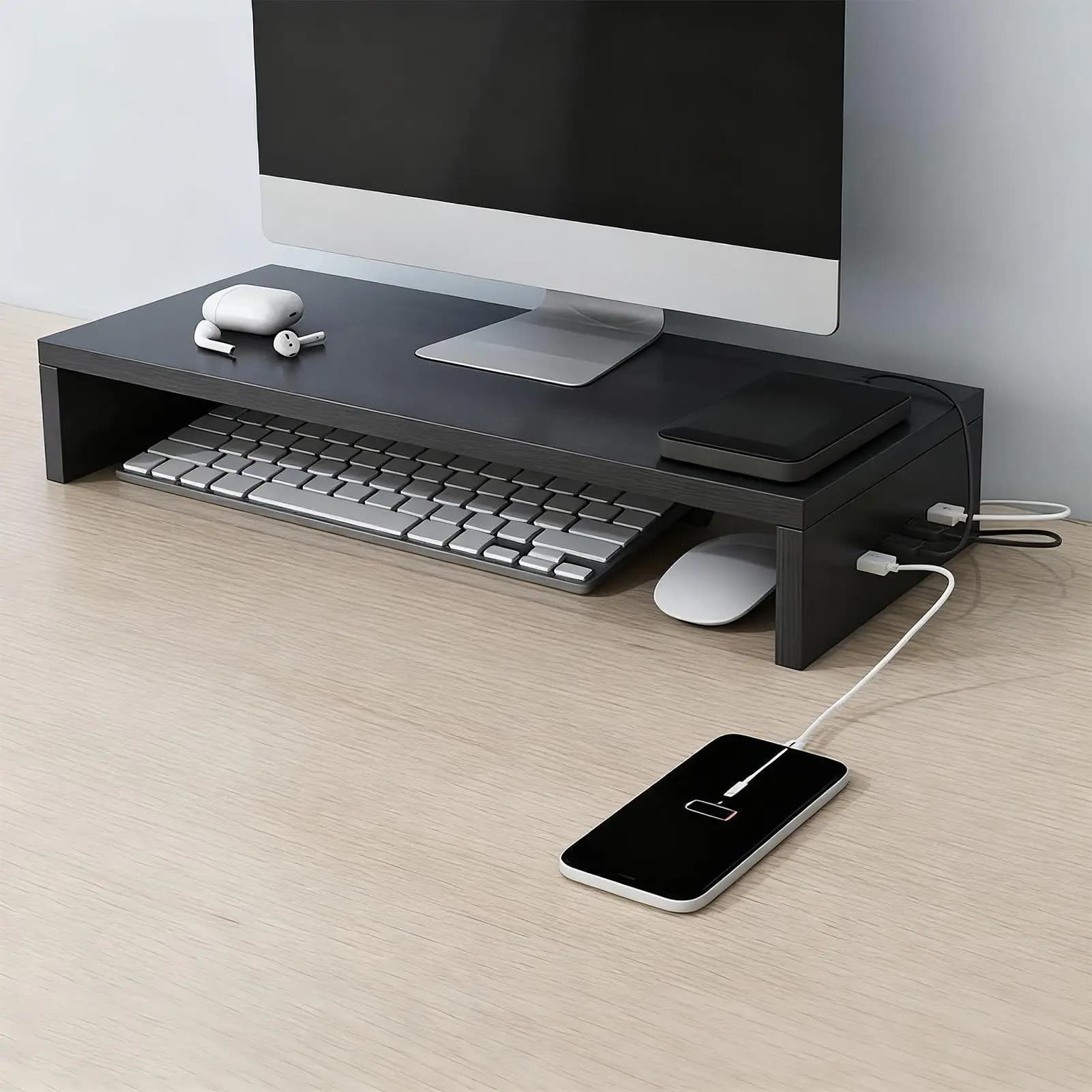 Monitor Stand Riser Ventilation Shelf Monitor riser with 4 USB ports Office Printer Stand wooden office keyboard storage rack