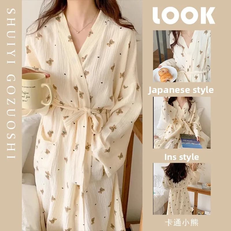 New Autumn Cartoon Cute Ins Print Bathrobe, Nightgown, And Sleepwear for Women, Long-Sleeve Robe for Spring and Autumn Home Wear