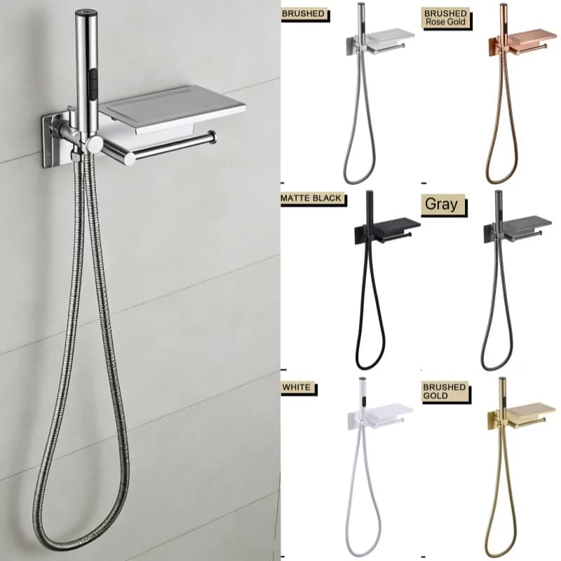 Brushed Gold Bidet 3 Functions Sprayer Concealed Button Brass Valve with Commodity Shelf Paper Holder Plastic Sprayer 1.2M Hose