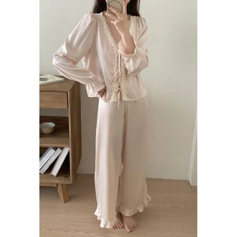 Set Pigiama da Donna, Pigiami Primaverili e Autunnali, Abbigliamento per Casa alla Moda, Pigiami con Scollo a V in Pizzo, Carini e Morbidi