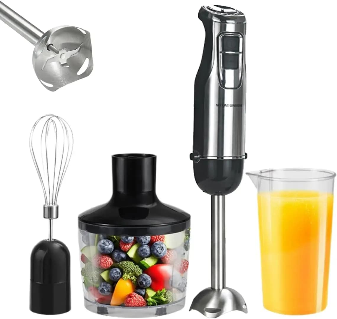 500 W immersion blender, 4 in 1 with 6 speed and turbo, 600 ml glass without BPA, whip, cutter, stainless steel blades, ergonomic gr