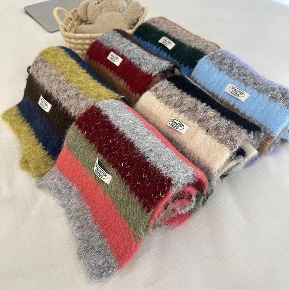 Classic Preppy Style Plaid Wool Scarf Plush Long Stripe Scarf Korean Style Warm Knitted Shawl Autumn Winter