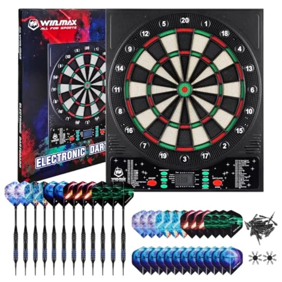 Freccette elettroniche per adulti con display LED e punteggio automatico, in plastica ABS nera, include 12 freccette e 100 punte morbide, po