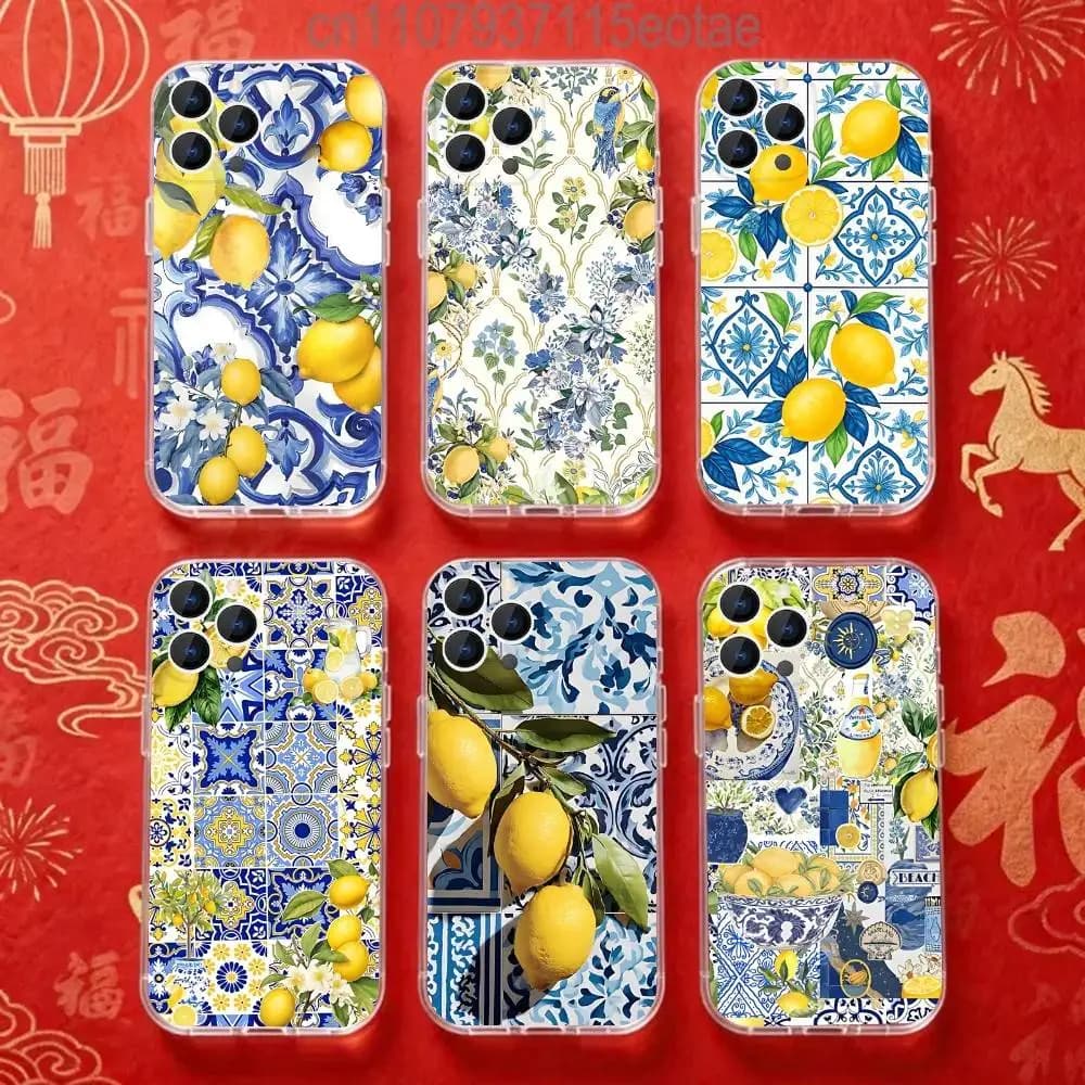 Transparent soft case with Mediterranean Lemon pattern for iPhone 17, 16, 15, 14, 13, 12, 11, Pro, Max, Plus, X, XS, XR, SE4, Mini