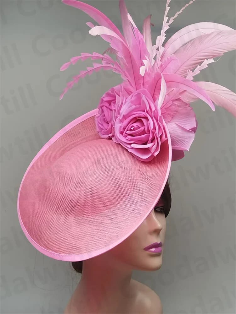 Fiore rosa Derby Fascinator Cappello da donna per la festa in chiesa Tea Chapeau Cap da donna Piuma Royal Ascot Copricapo con fascia