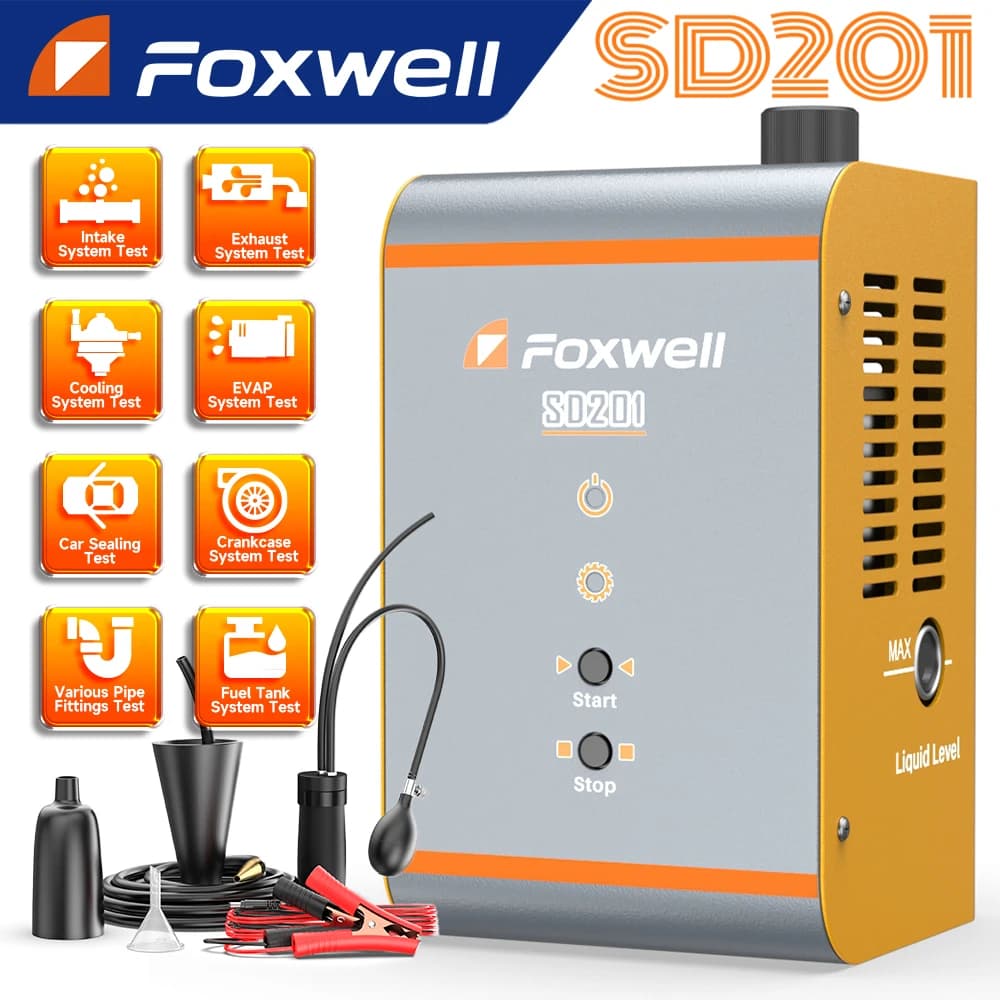 FOXWELL SD201 Rilevatore di perdite di fumo per auto 12V, macchina del fumo EVAP con pompa ad aria integrata, tester per perdite del sistema di tubazioni del carburante sottovuoto per autoveicoli