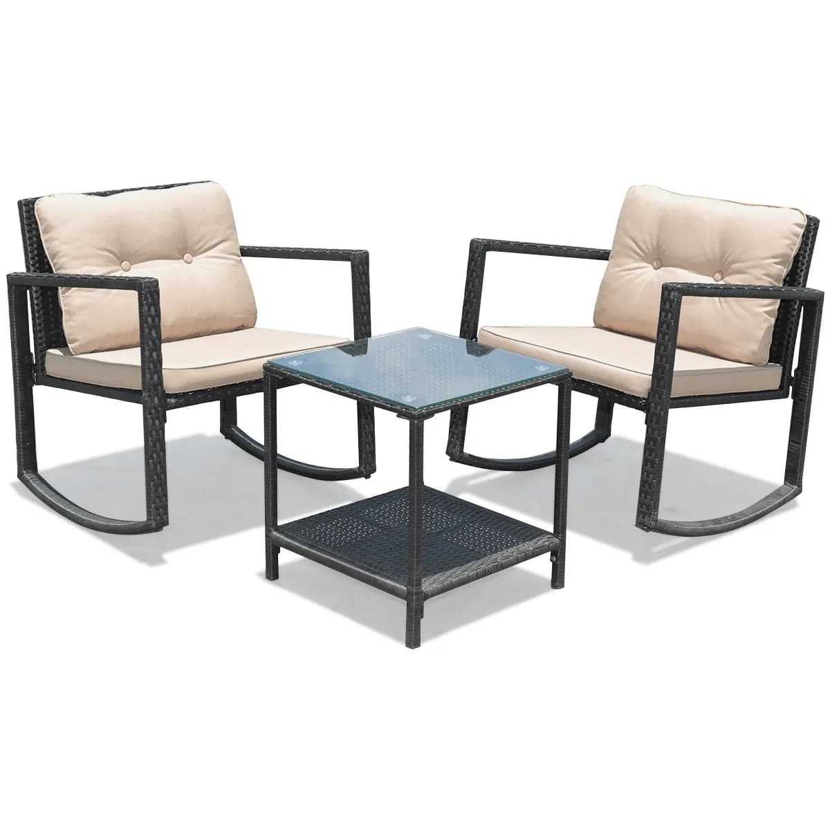 Set da conversazione da giardino 3 pezzi in rattan con sedia a dondolo e divano imbottito per esterni