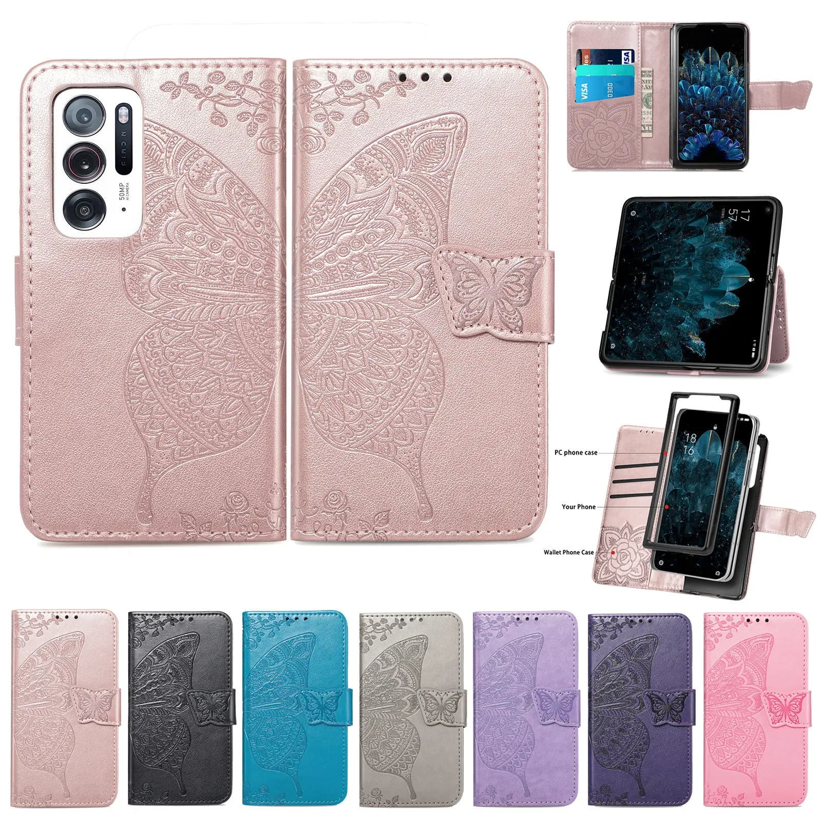 Custodia a libro in pelle con ali di farfalla per Vivo Y400 Y300i Y100 Plus Y78 Y72S Y56 Y52S, con tracolla e 3 slot per carte, portafoglio e cover per telefono