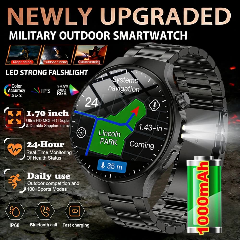 New Smartwatch 2026 with 1000mAh Battery, 1.70" AMOLED HD Screen, Flashlight, GPS, Cardiaca Frequency Monitoring, BT Calls, Male Compass