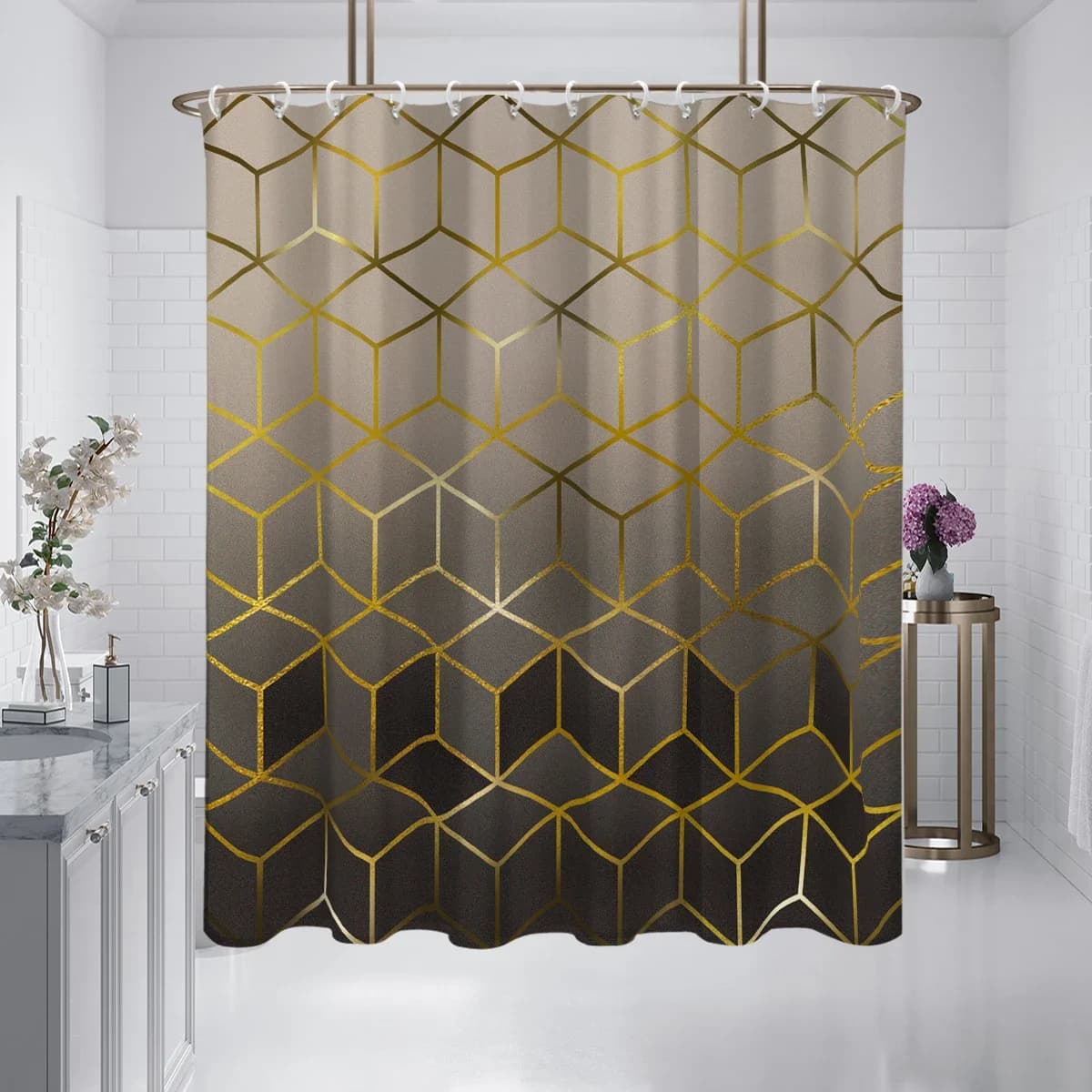 Tenda da doccia stampata con motivo scozzese sfumato marrone 1PC, impermeabile, lavabile, con 12 ganci, bagno doccia, vasca da bagno, uso domestico