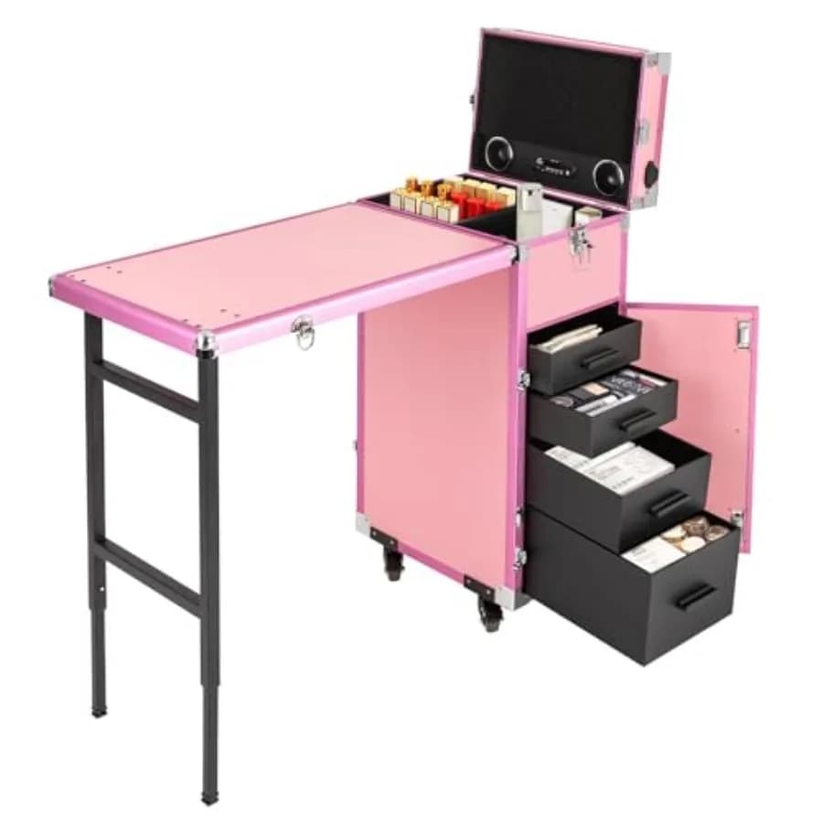 Carrello cosmetico professionale per uso in salone, telaio in lega di alluminio, finitura bianca, design pieghevole con 4 cassetti, specchio integrato