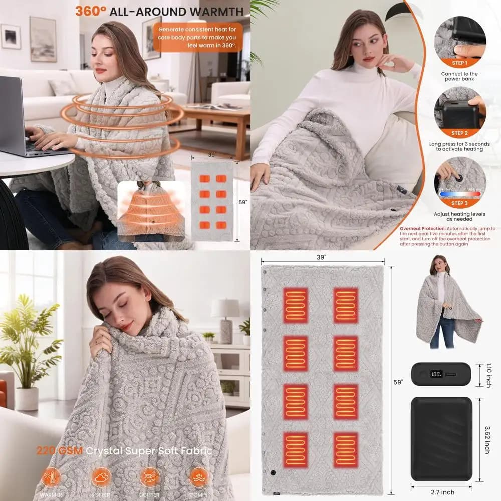Coperta Riscaldata Senza Fili in Finta Pelliccia con Power Bank - 3 Impostazioni di Calore, Riscaldamento Rapido, Lavabile in Lavatrice, 59x35.5 Grigio-Verde