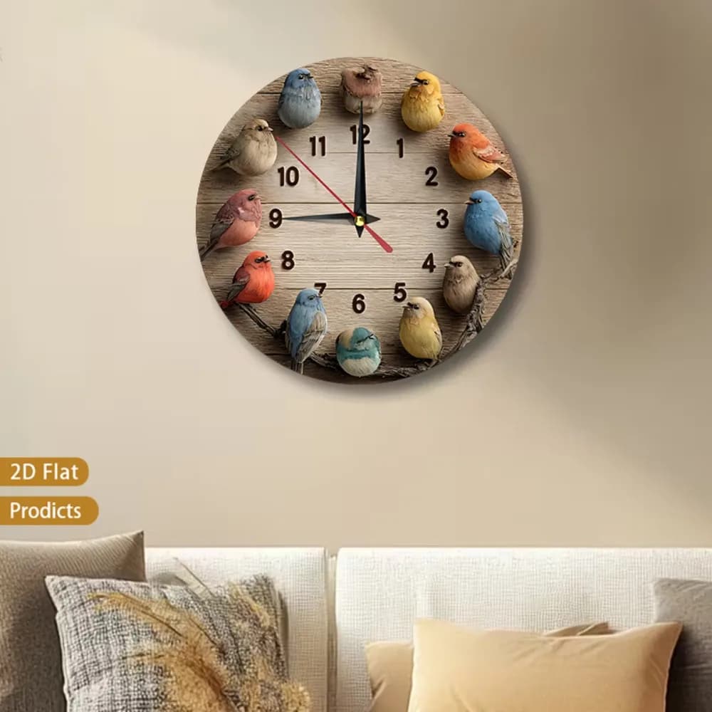 1pc Farmhouse Style Wooden Wall Clock with 12 Colorful Birds - 12 Inch Large Silent Non-Ticking Nursery & Room Clock, Wood, Past