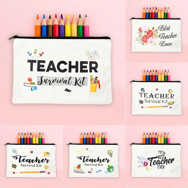 Kit di sopravvivenza per insegnanti borsa per il trucco modello Best Teacher Ever Floral Women custodia per cosmetici regalo per insegnante Back To School Pencil Case