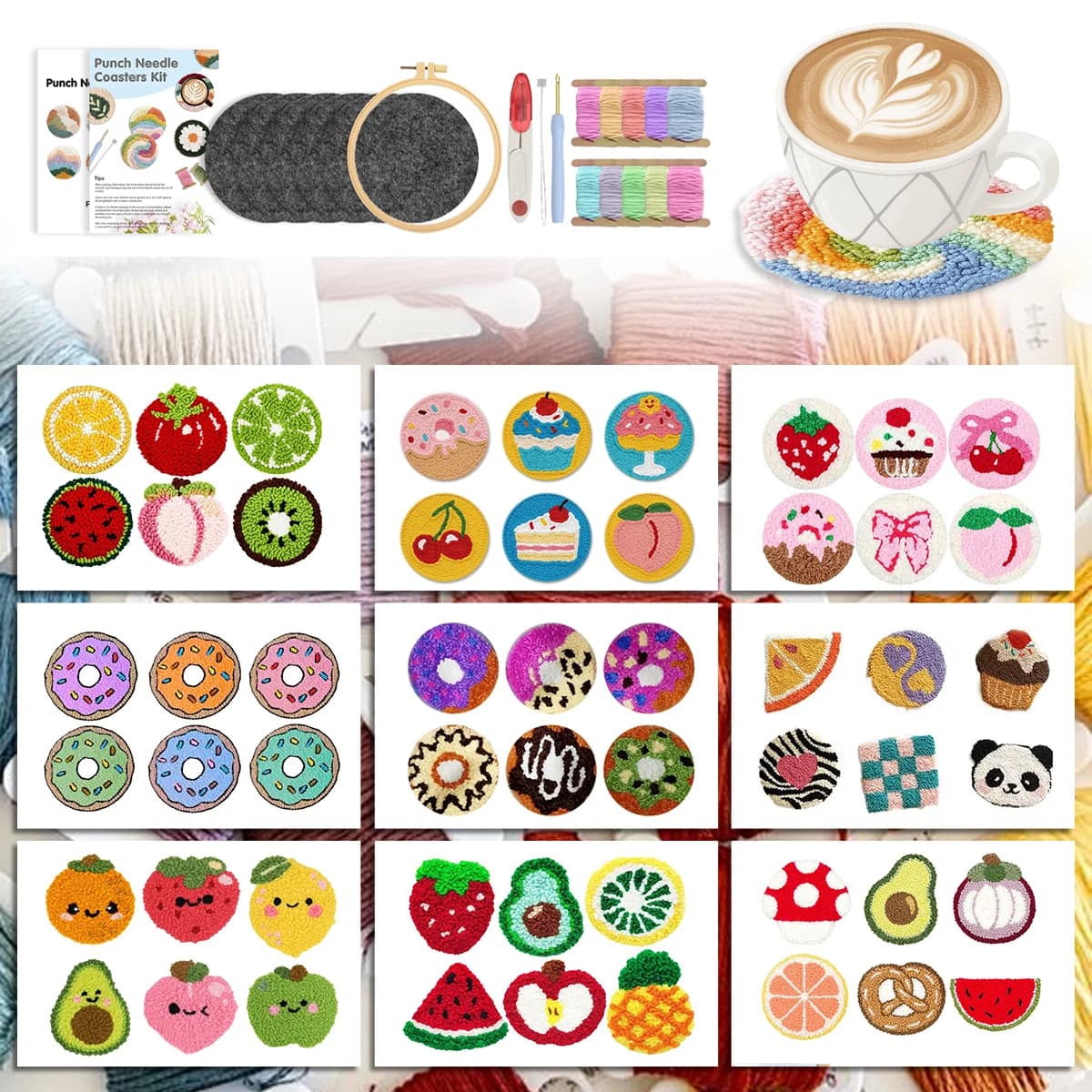 GATYZTORY 6pcs Punch Needle Kit Coaster Food pattern mat Kitchen Home Accessories Embroidery Frame Needle Arts Craft Home Decor