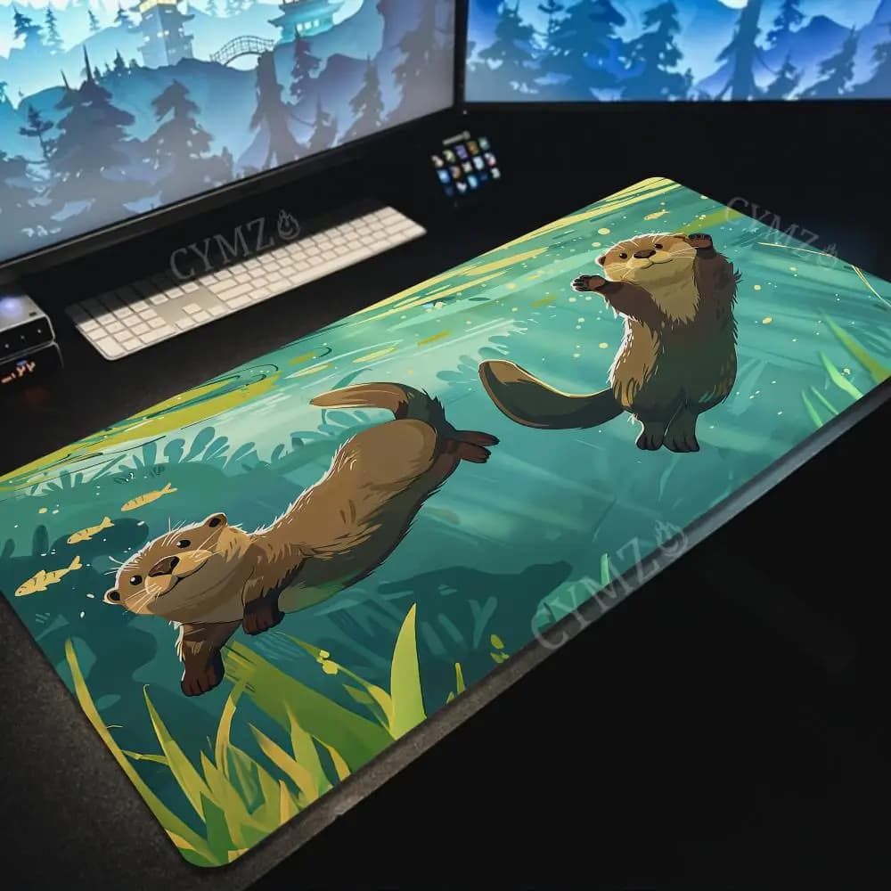 Simpatico tappetino per mouse anime con lontre, grande, con bordo cucito, antiscivolo, accessori per PC, tappetini da gioco, tappetino da ufficio.