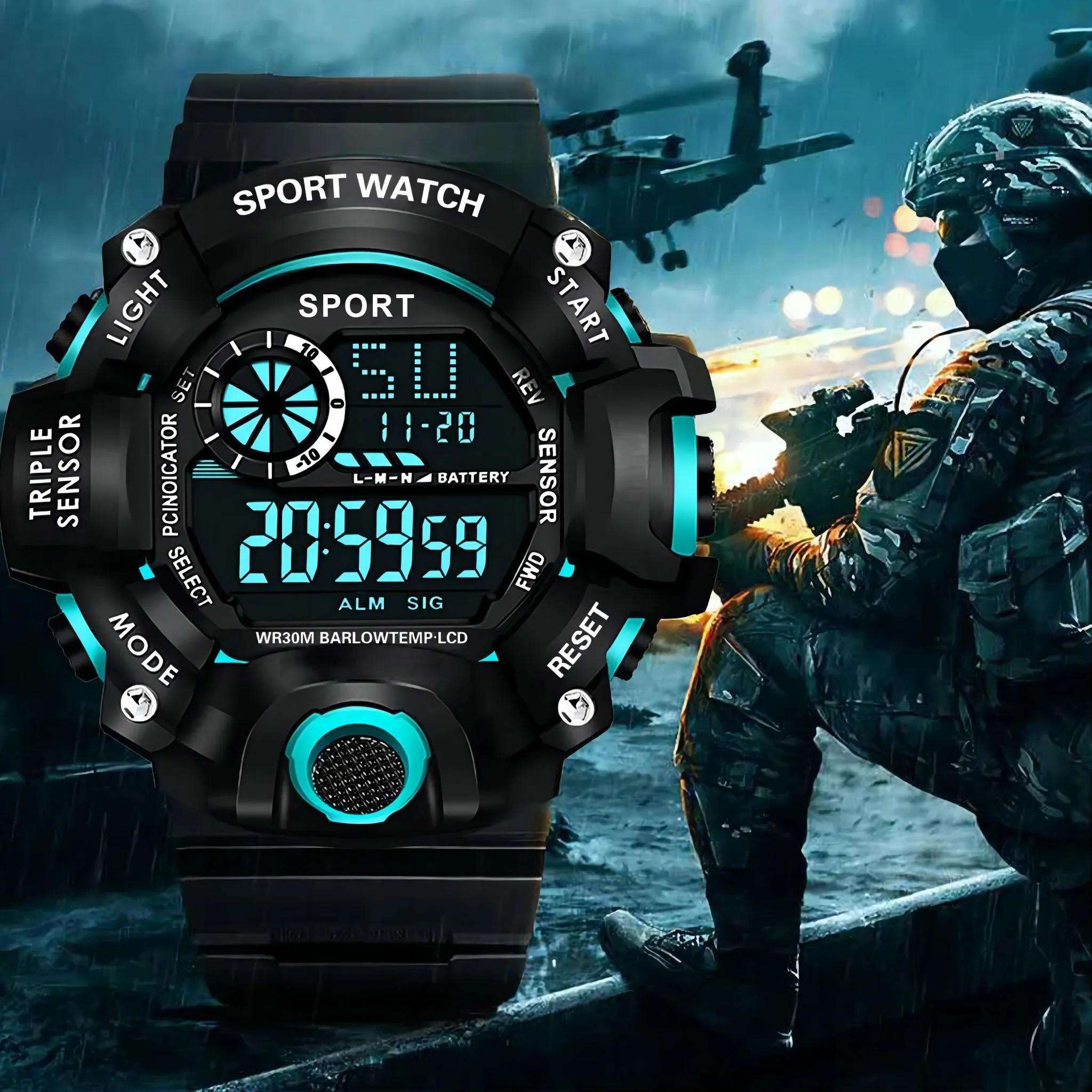 Fashionable Men's Watch Sports Electronic Wrist Watch Big Dial Military Children's Watch with Multifunction Waterproof Light Alarm