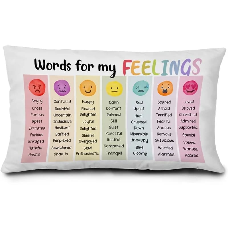 1 pz. Copricuscino lombare con scritte 'Words for my Feelings Emotion Chart', adatto per divano, camera da letto, soggiorno, cameretta, studio di consulenza