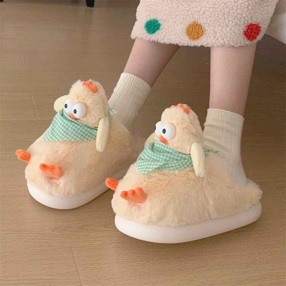 Women's Breathable Indoor Slippers Nice Chicken Cartoon Winter Home Shoes Hot Non-slip Plush Cotton Floor Slides for Women's Home