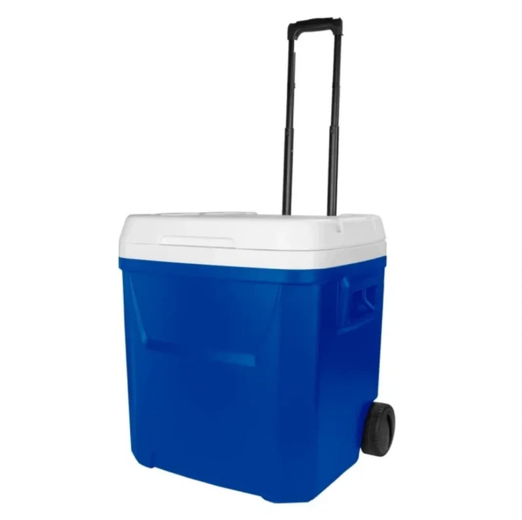 60 QT Blue Laguna Wheeled Hard Sided Ice Chest Cooler Long Lasting Ice Retention Large Capacity Portable Rolling Cool Box With Pull Handle And Wheels Stain Resistant Interior Perfect For Camping Fishing Beach Picnic Outdoor BBQ Travel Food Drinks Storage