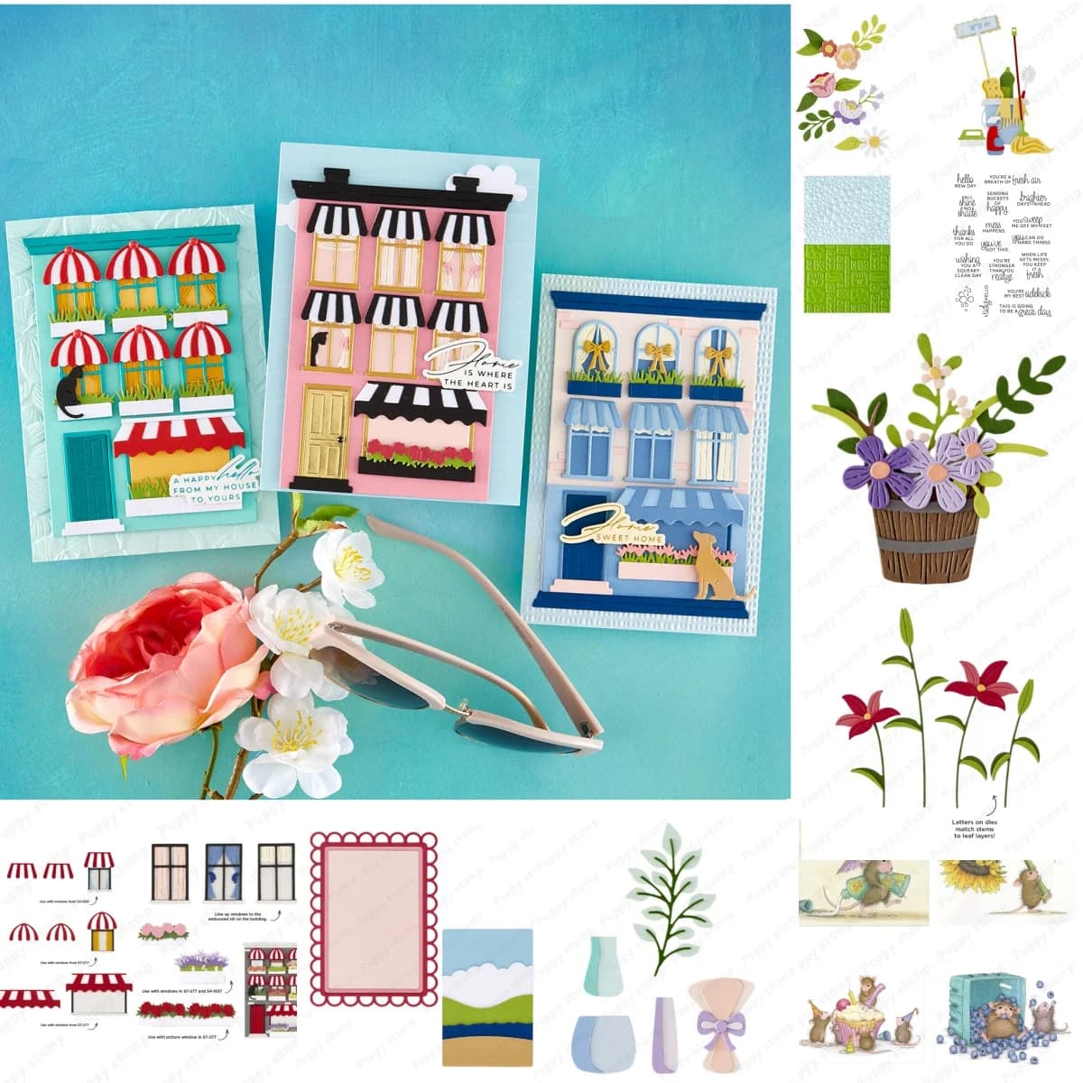 Fustelle per taglio metallo e timbri stencil trasparenti con motivo floreale nuziale, motivo 'Squeaky Clean' e motivo 'Awnings', per lamina a caldo, per scrapbooking e artigianato fai da te, Mese di maggio 2026