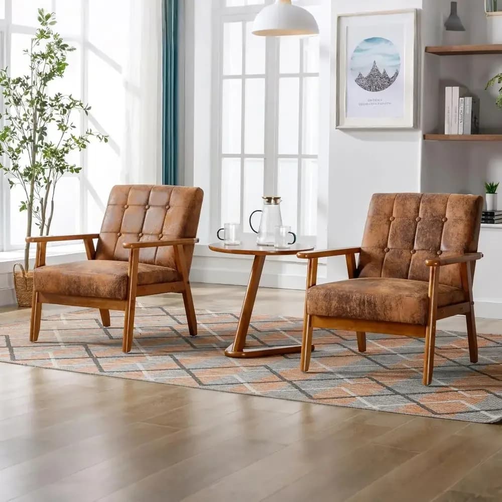 Set of 2 Modern Mid-Century Style Armchairs with Solid Wood Armrests, Comfortable Padded Chairs with Living Room or Bedroom