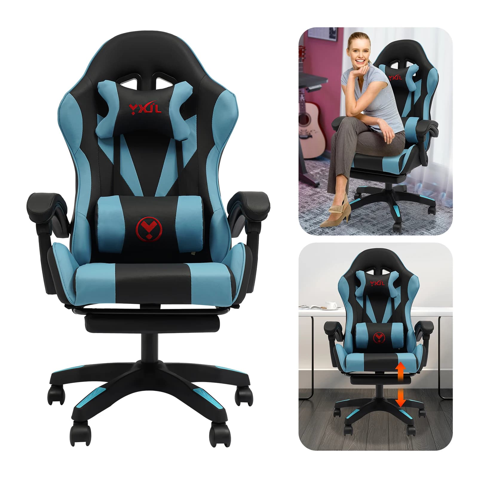 Ergonomic Racing Gaming Chair Adjustable Swivel PU Leather with Headrest, Lumbar, Built-In Bluetooth Speakers, For Office Living Room